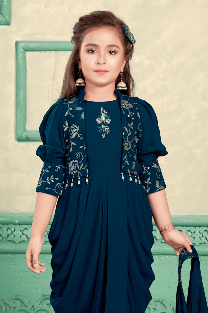 Teal Blue Sequins and Thread work Overcoat and Dhoti Style Jumpsuit for Girls - Seasons Chennai