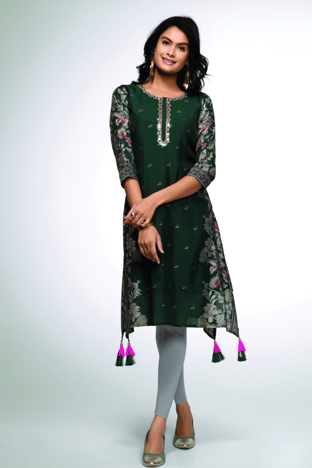 Bottle Green Mirror, Sequins and Zari work with Digital Print Knee Length Kurti - Seasons Chennai