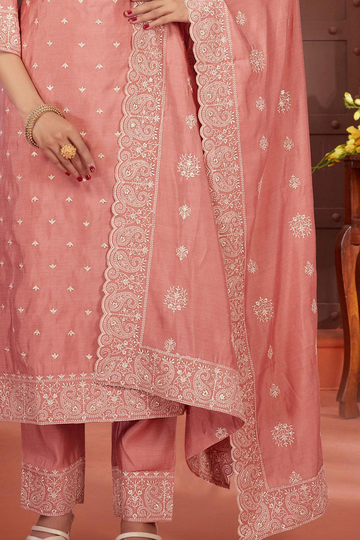 Peach Thread and Sequins work Straight Cut Salwar Suit - Seasons Chennai