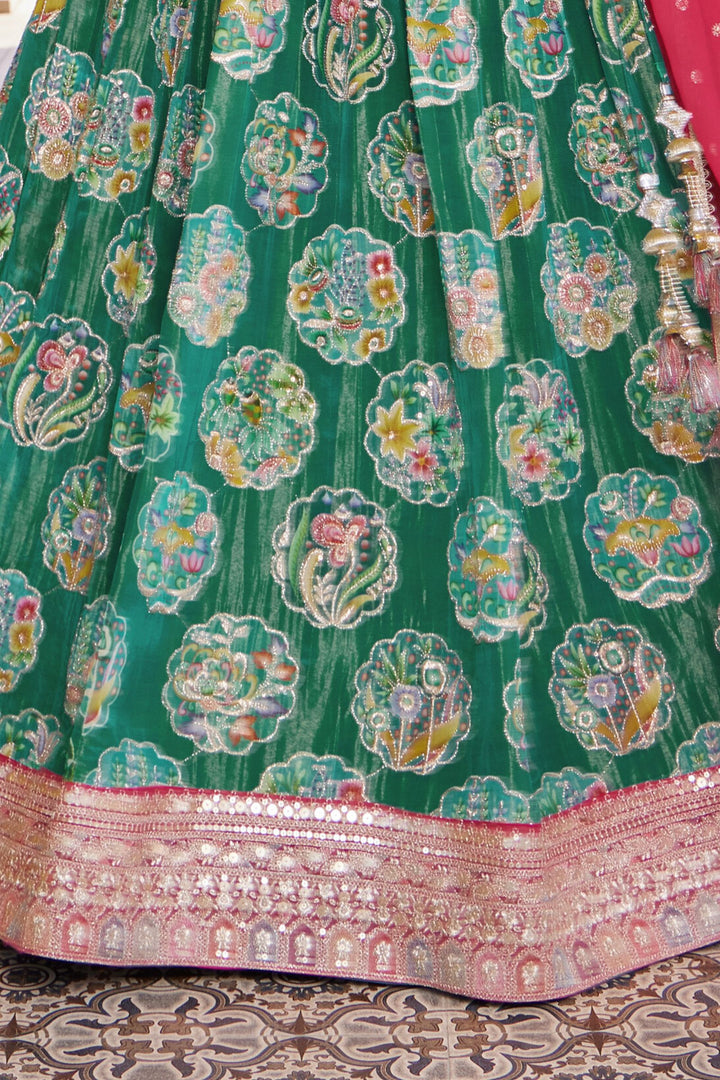 Rama Green Floral Print, Zari, Sequins, Stone and Pearl work Lehenga Choli for Girls