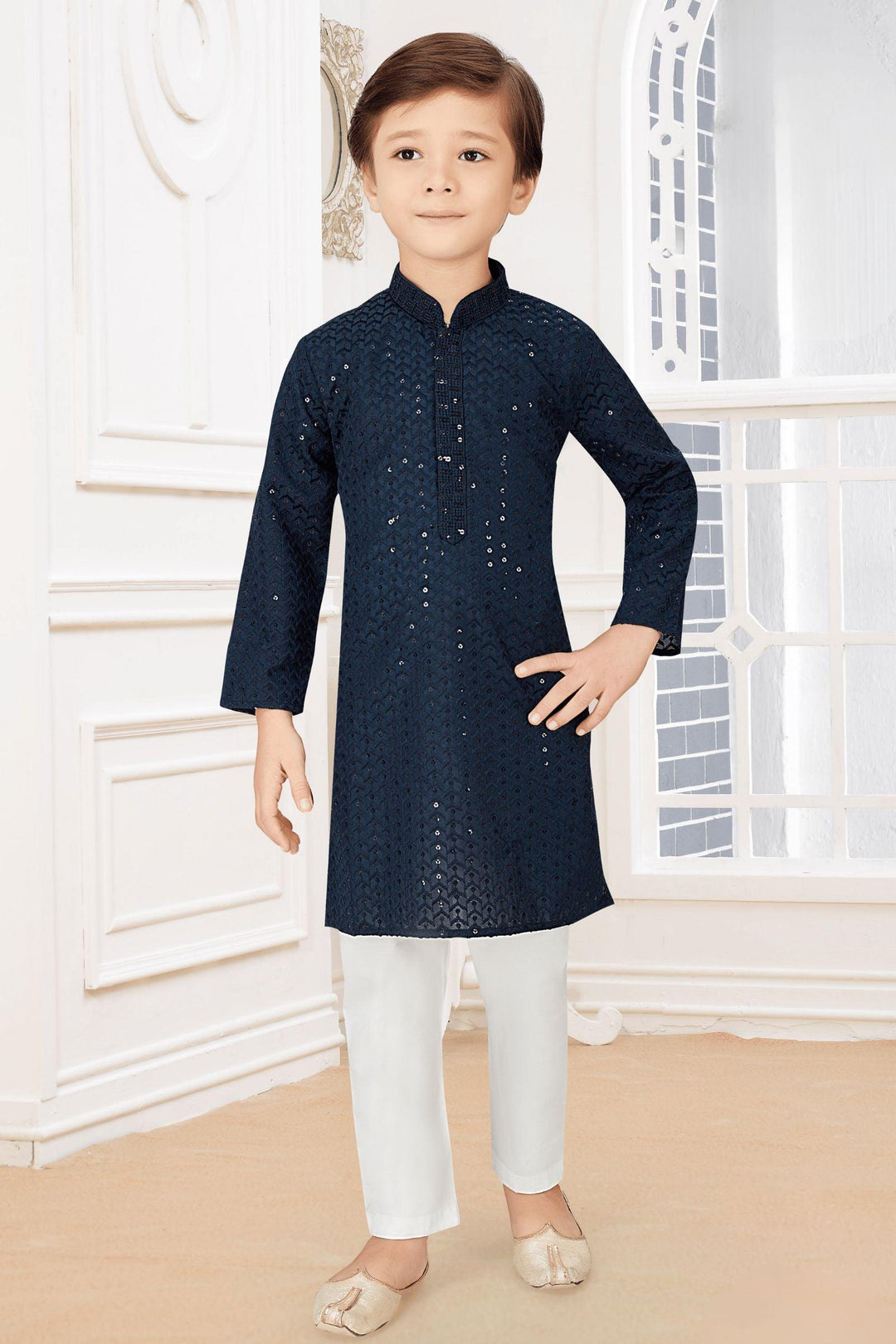 Blue with Half White Sequins and Thread work Kurta Set for Boys - Seasons Chennai