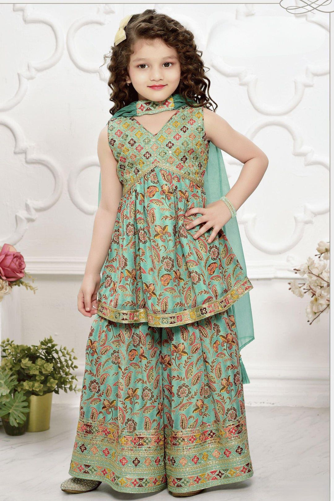 Green Digital Print, Sequins, Multicolor Thread and Zari work Peplum Top and Sharara Set for Girls - Seasons Chennai