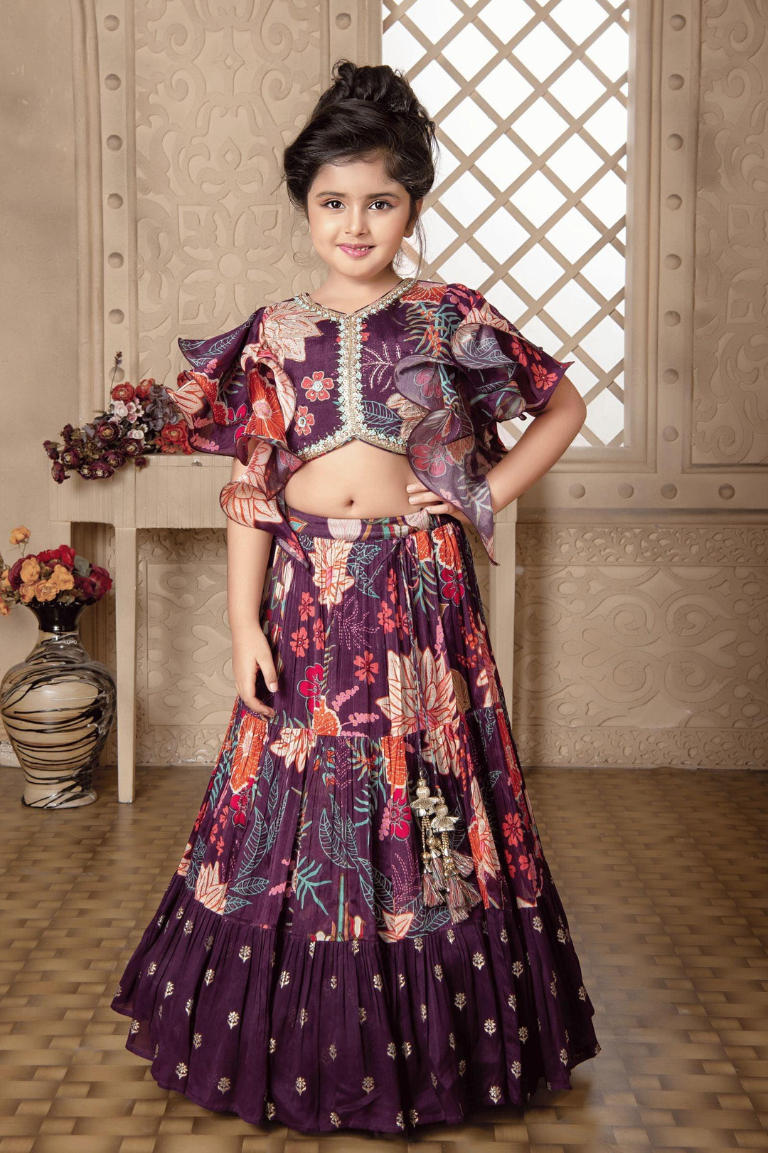 Wine Beads and Sequins work with Floral Print Lehenga Choli for Girls - Seasons Chennai