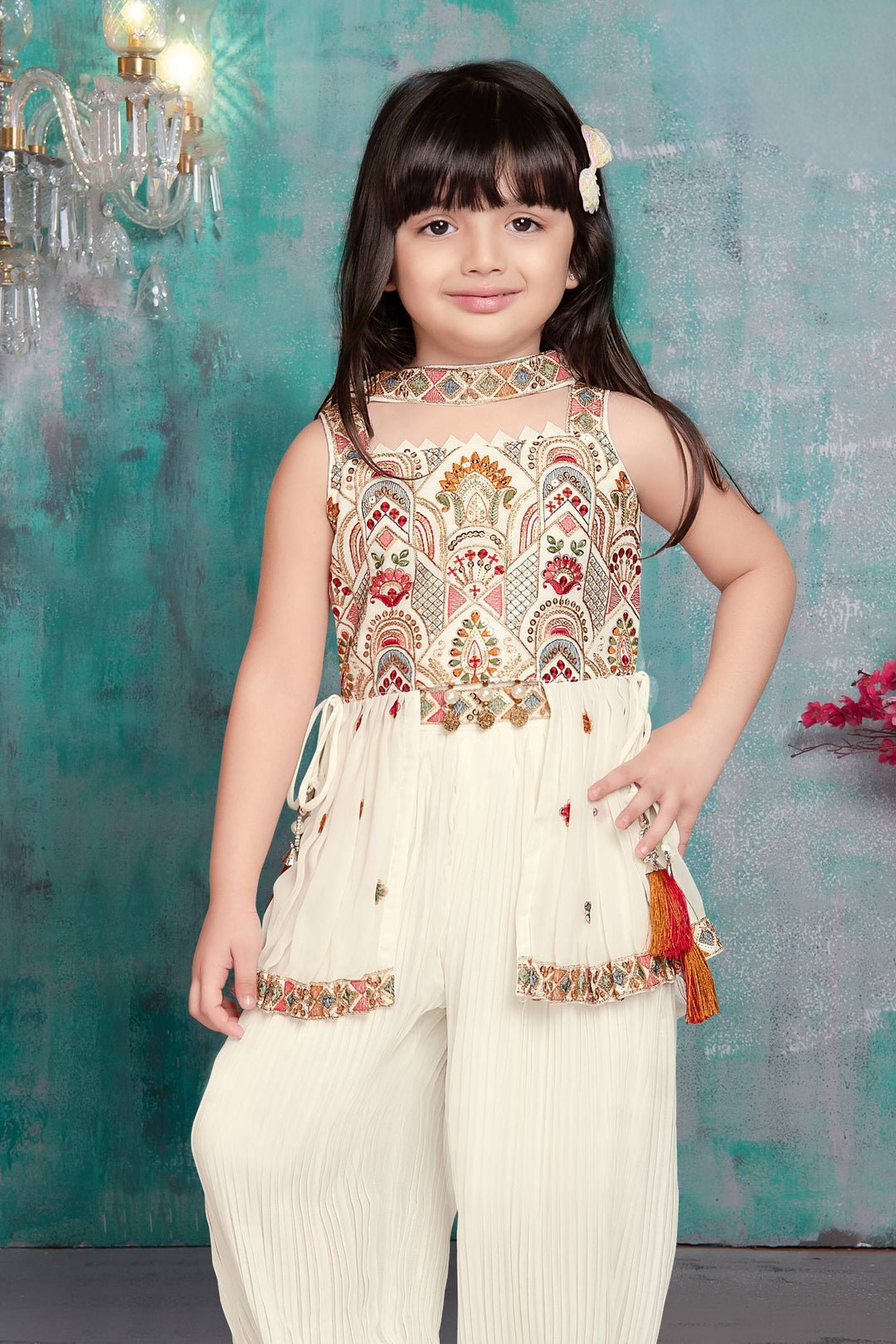 Cream Sequins and Multicolor Thread work Peplum Top and Afghani Set for Girls