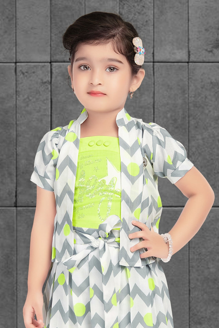 Green Top and White with Grey Printed Overcoat and Divider Skirt for Girls