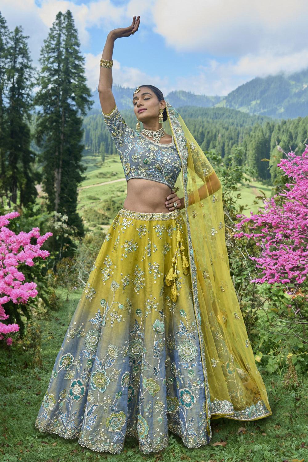 Green with Grey Stone, Thread and Zari work Semi Stitched Bridal Lehenga - Seasons Chennai