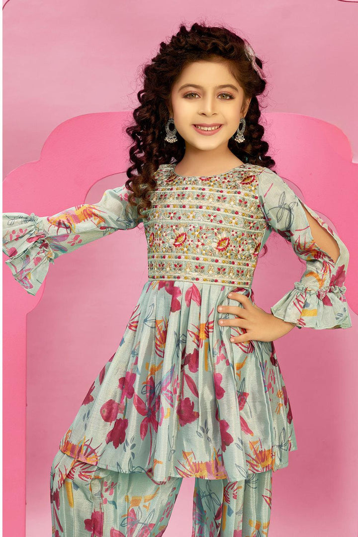 Sea Green Multicolor Embroidery and Sequins work with Digital Print Afghani Set for Girls - Seasons Chennai