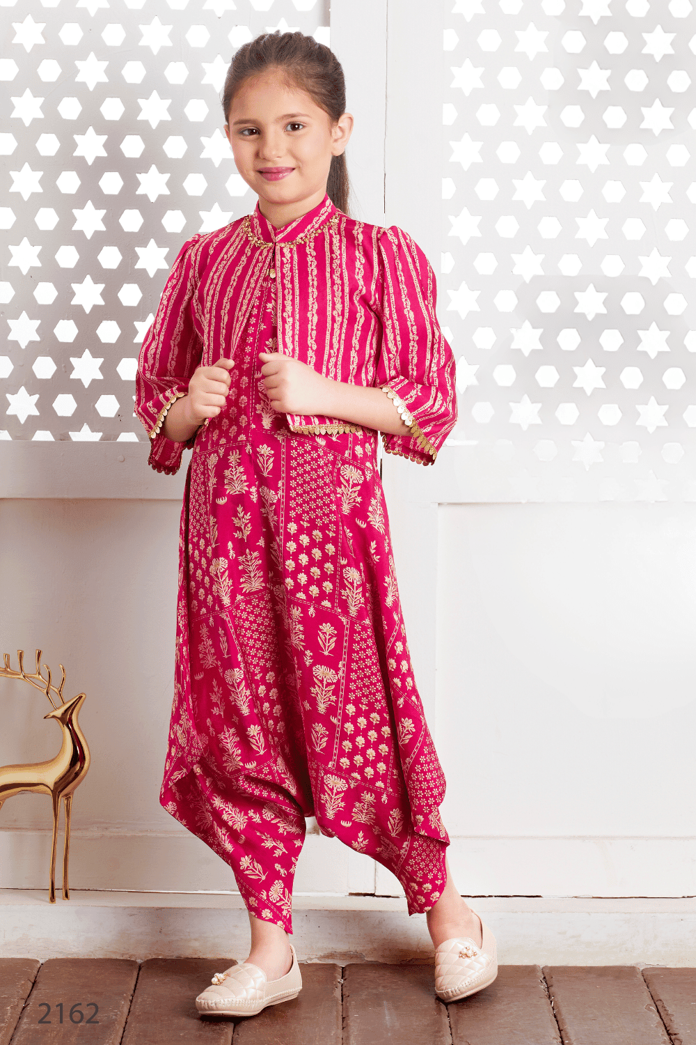 Rani Pink Sequins and Zari work with Printed Overcoat and Dhoti Style Jumpsuit for Girls - Seasons Chennai