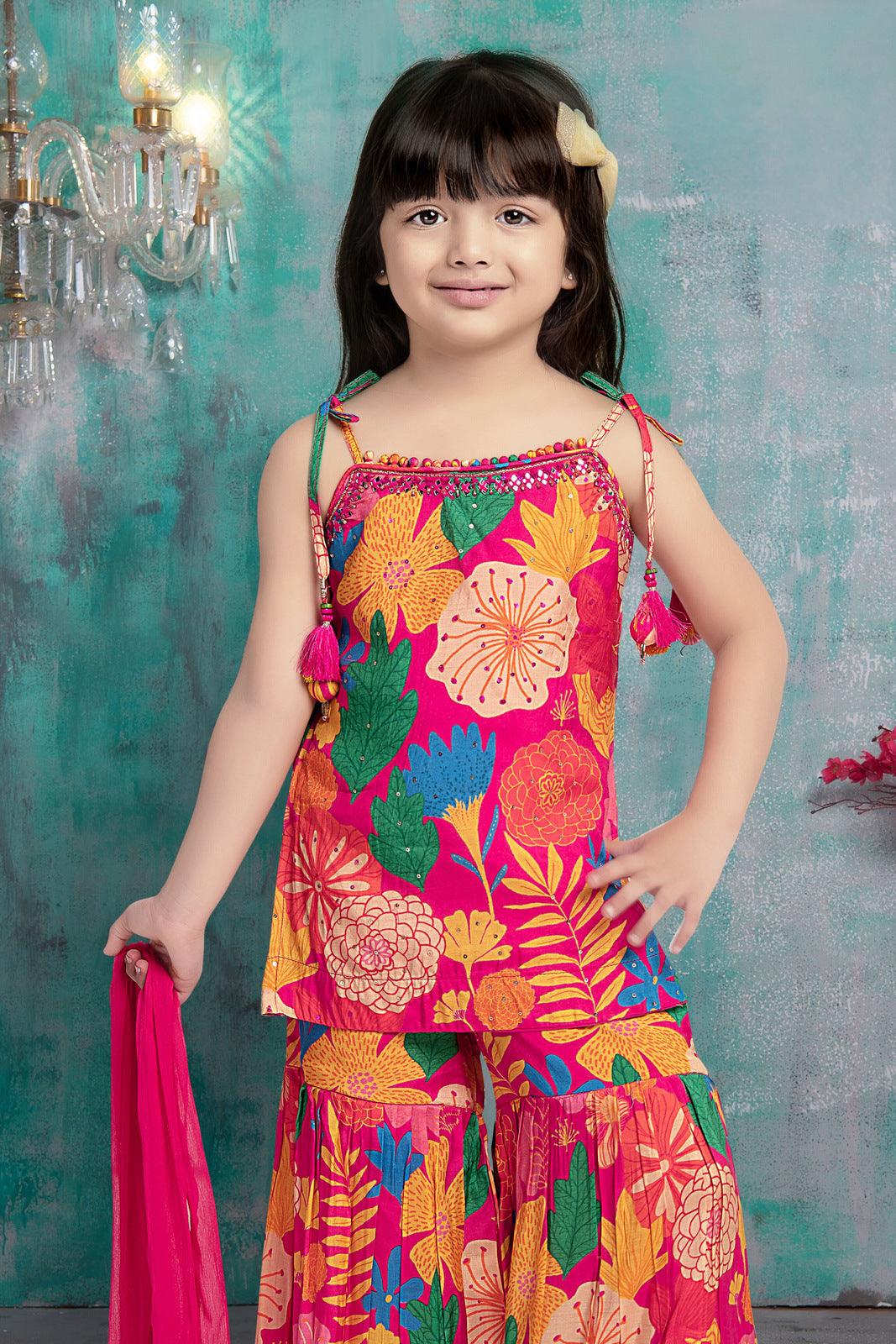 Pink with Multicolor Digital Print, Mirror and Sequins work for Girls Sharara Suit Set - Seasons Chennai