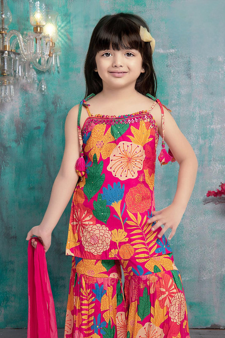 Pink with Multicolor Digital Print, Mirror and Sequins work for Girls Sharara Suit Set - Seasons Chennai