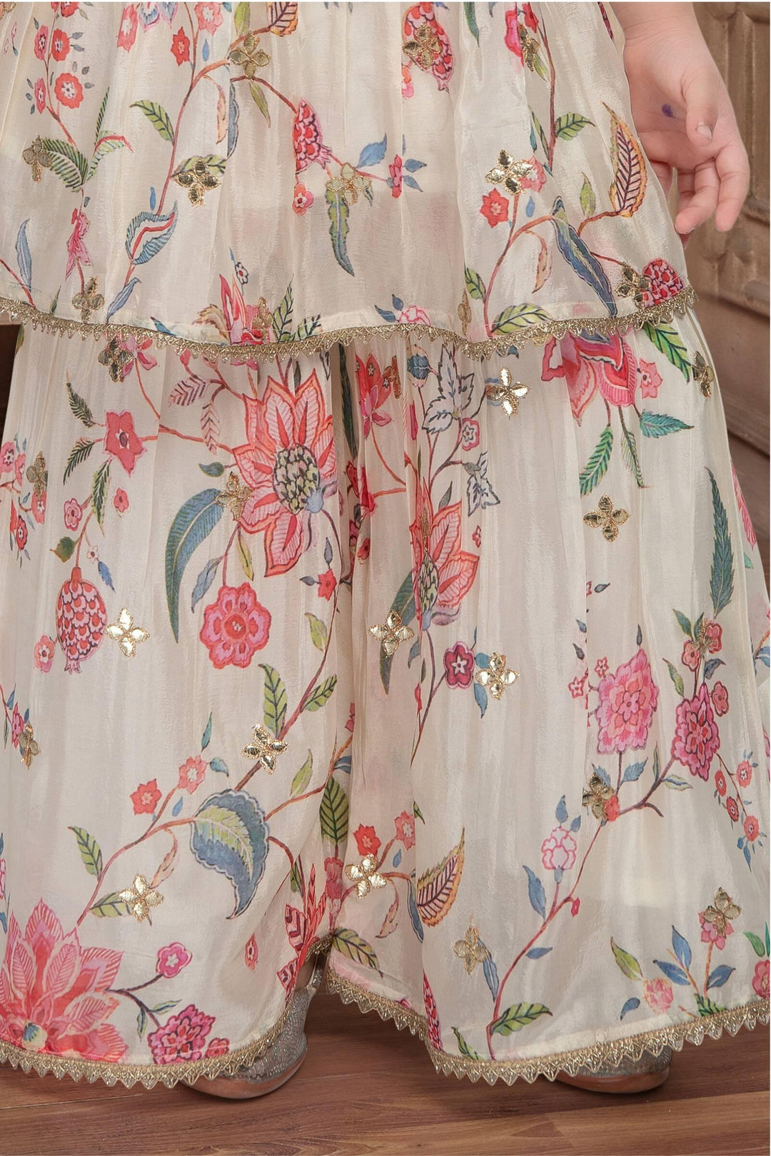 Cream Multicolor Digital Print, Sequins and Zari work Peplum Style Sharara Suit Set for Girls - Seasons Chennai