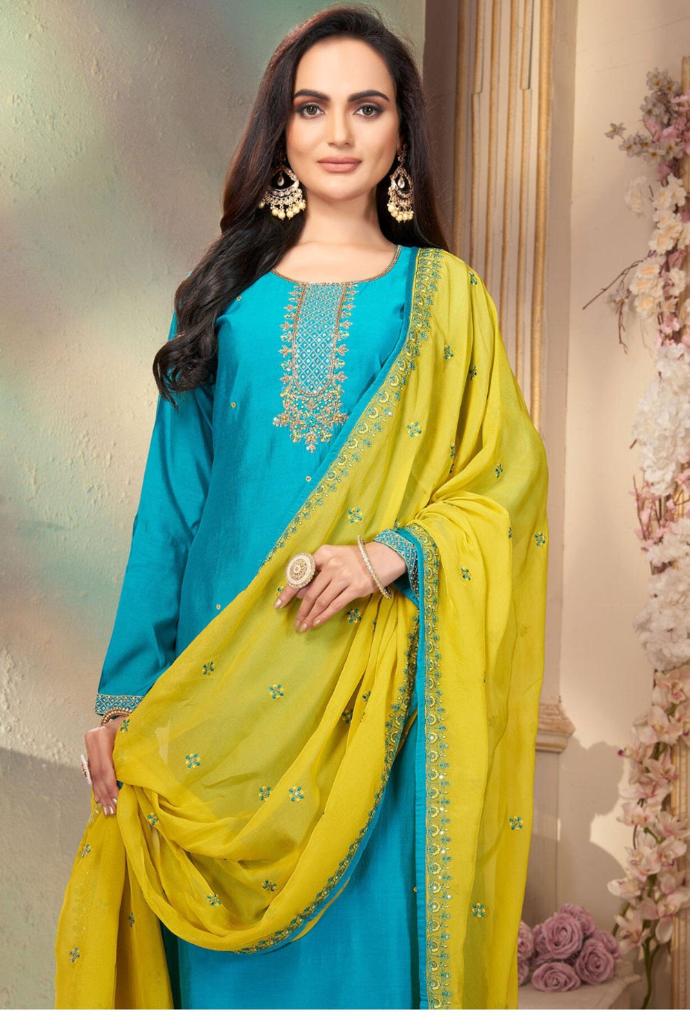 Rama Blue Zardozi, Beads, Sequins and Thread work Straight Cut Salwar Suit - Seasons Chennai