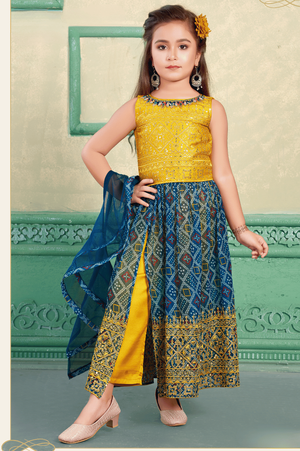 Yellow with Blue Sequins and Thread work with Bandini Print Palazzo Set for Girls - Seasons Chennai