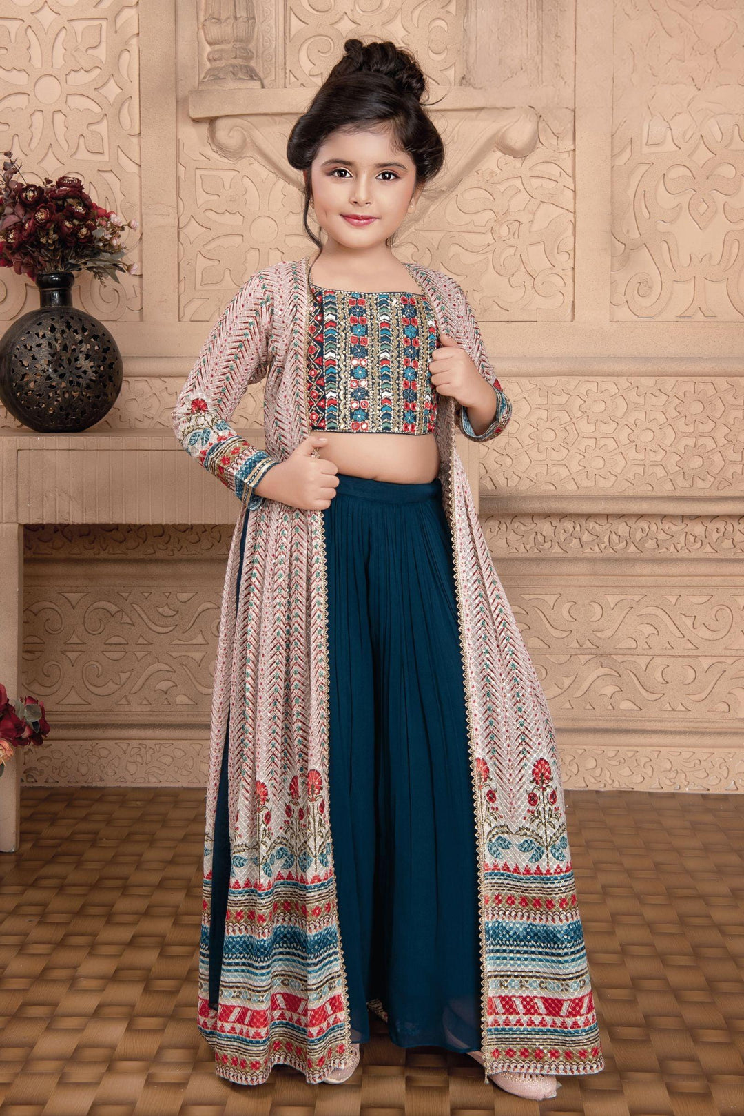 Peacock Blue with Light Pink Long Overcoat with Choli and Palazzo Set For Girls - Seasons Chennai
