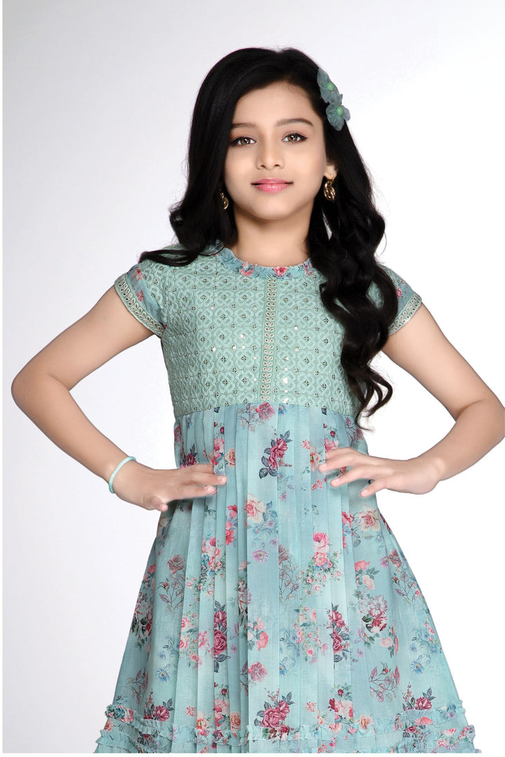 Pista Green Sequins and Thread work with Floral Print Knee Length Casual Frock for Girls