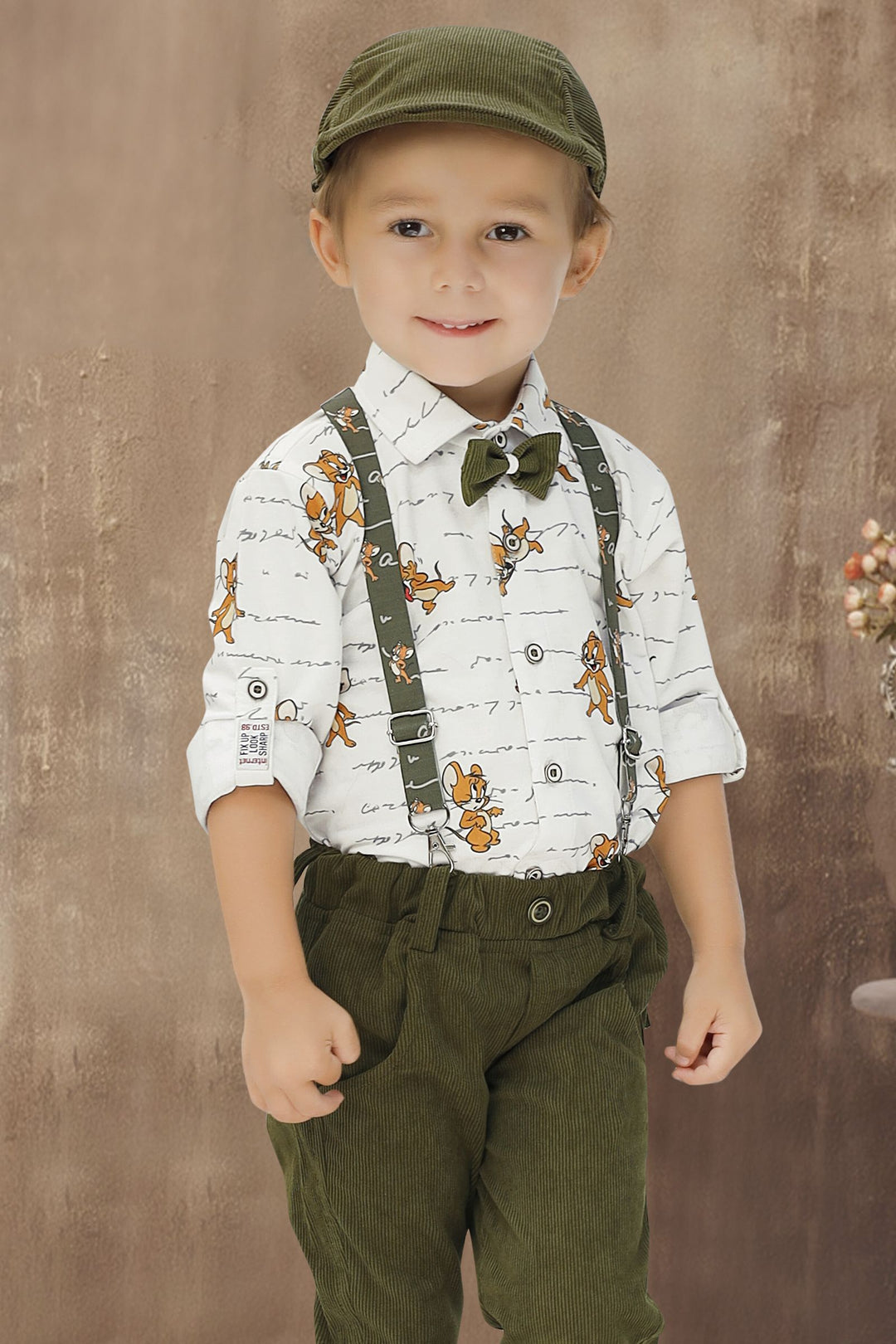 White Printed with Green Suspender Style Pant Shirt Set for Boys