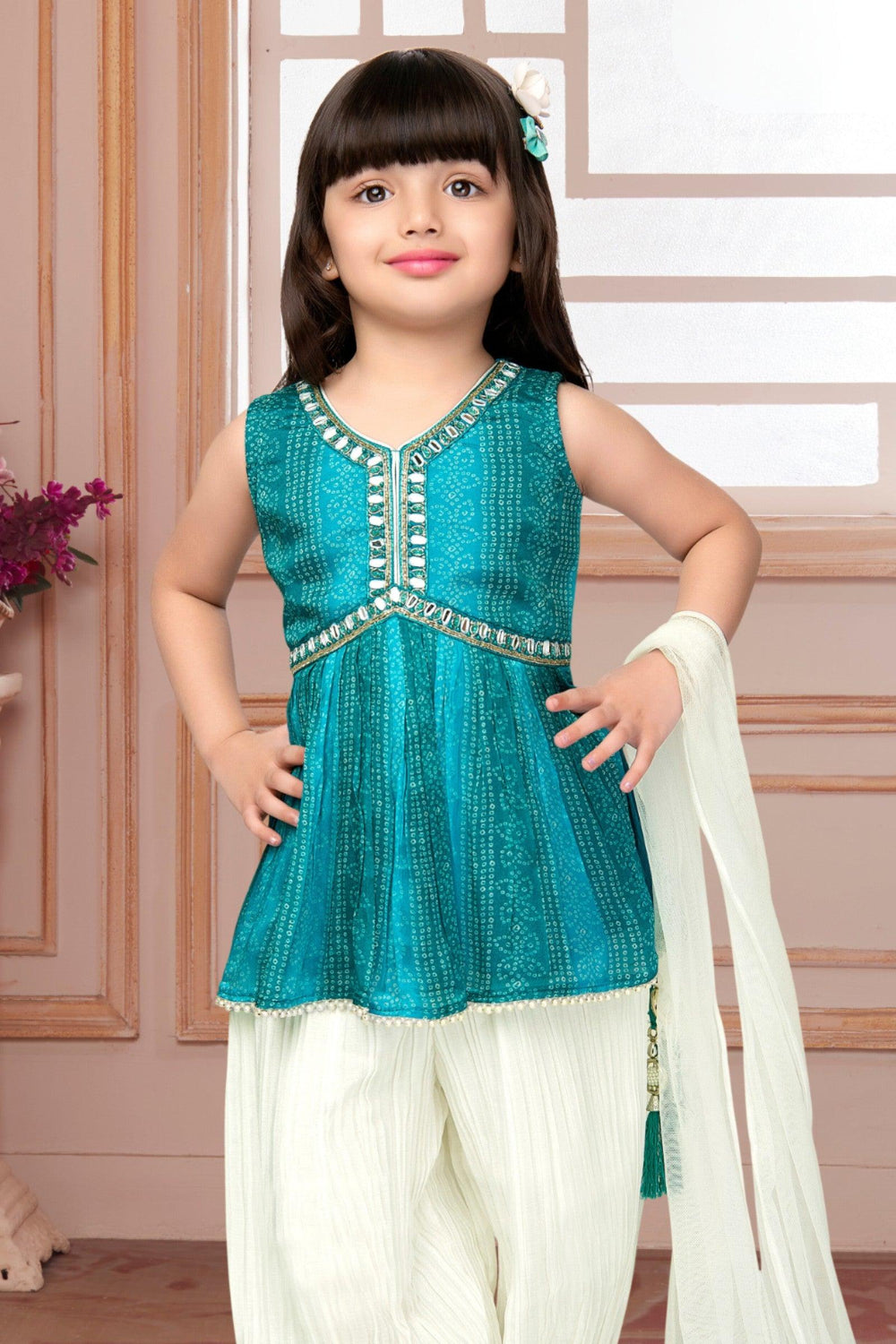 Rama Blue with Cream Bandini Print, Mirror and Pearl work Peplum Top and Palazzo Set for Girls - Seasons Chennai