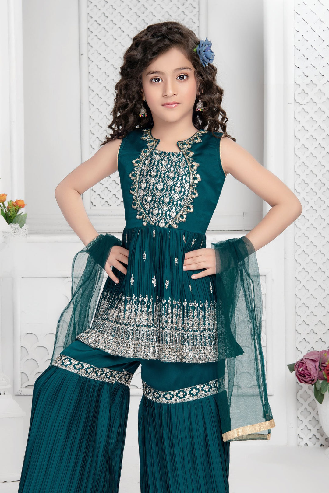 Peacock Blue Sequins and Zari work Peplum Style Sharara Suit Set for Girls