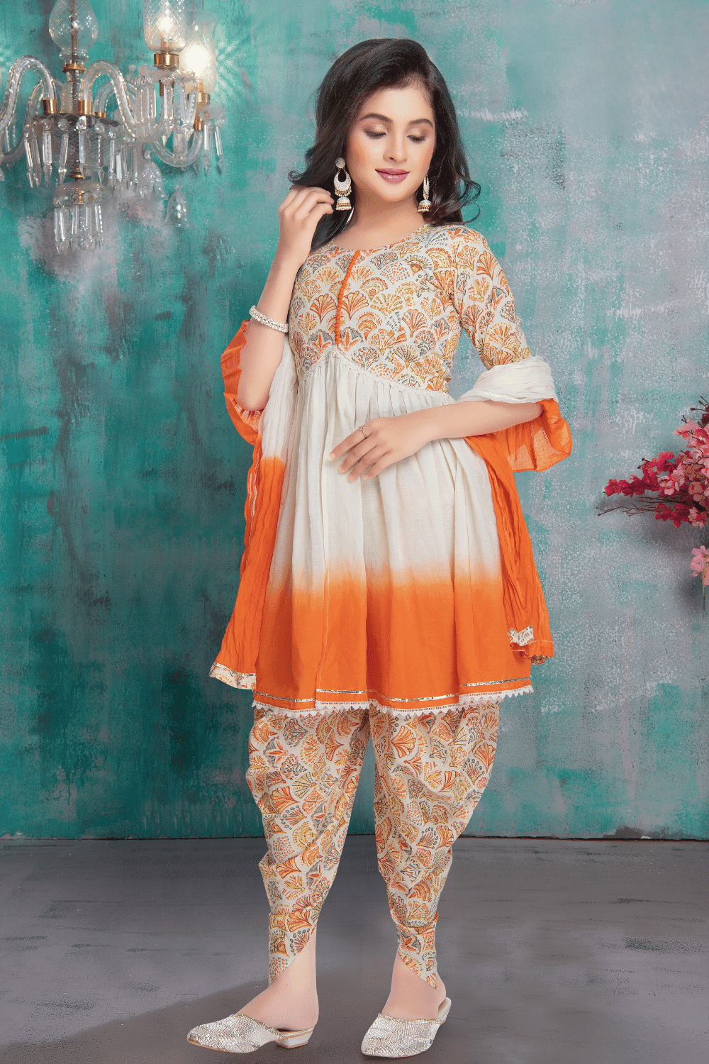 Half White with Orange Digital Print Dhoti Style Peplum Kurti for Girls - Seasons Chennai