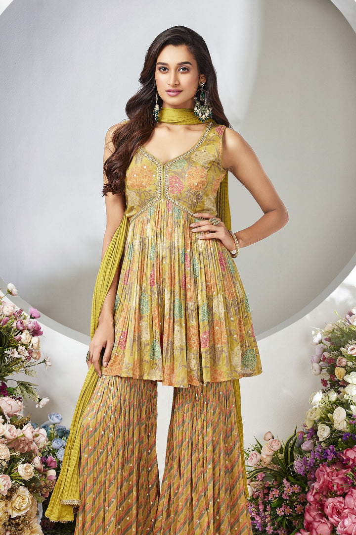 Yellow Digital Print, Beads and Sequins work Alia Cut Peplum Top with Sharara Suit Set