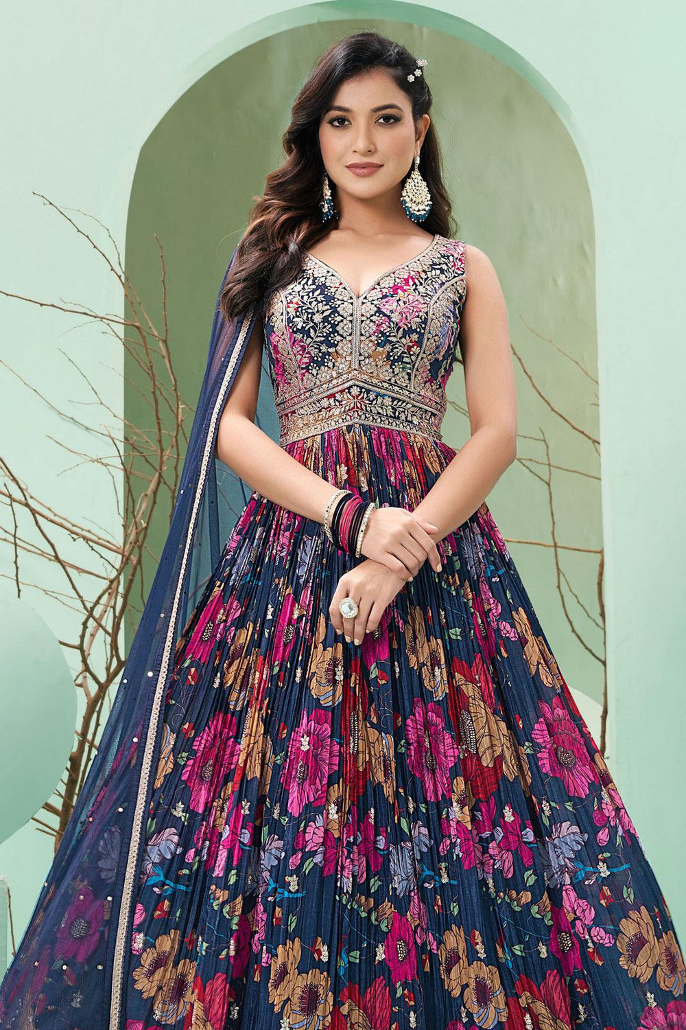 Peacock Blue Floral Print, Zari and Sequins work Floor Length Anarkali Suit - Seasons Chennai