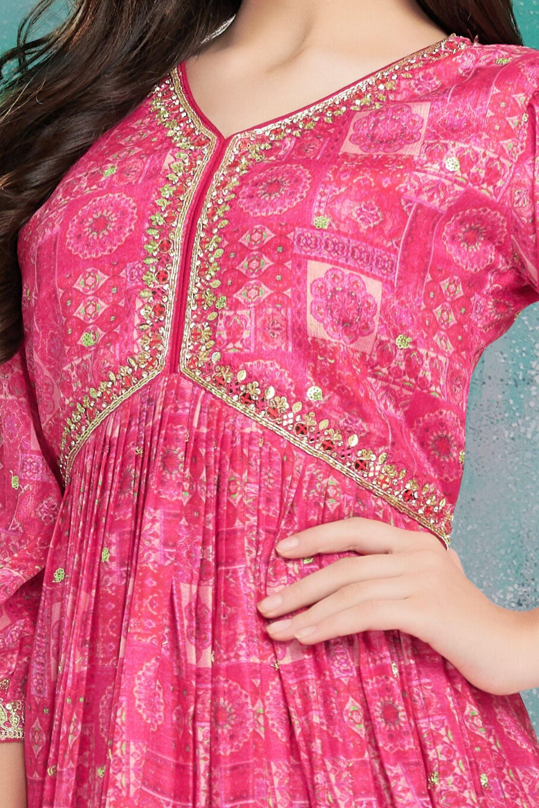 Pink Digital Print, Sequins, Zari and Stone work Alia Cut Long Party Gown for Girls - Seasons Chennai