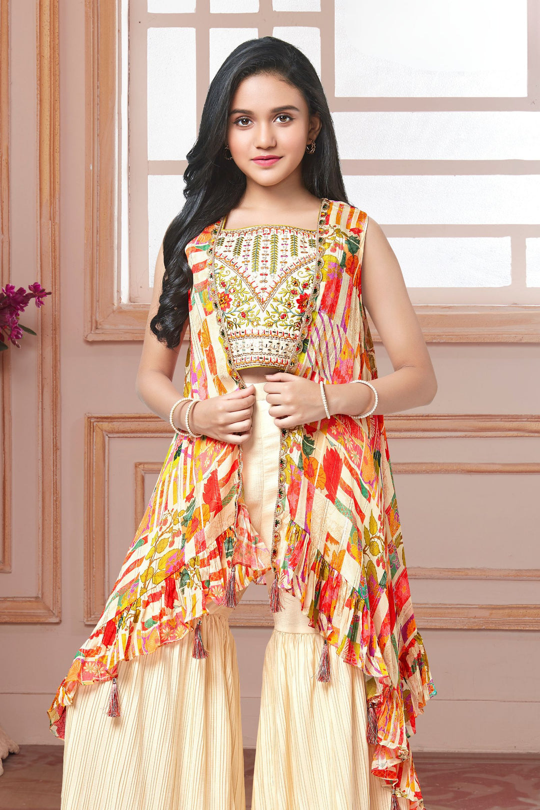 Cream Mirror and Embroidery work with Digital Print Overcoat Styled Sharara Set For Girls