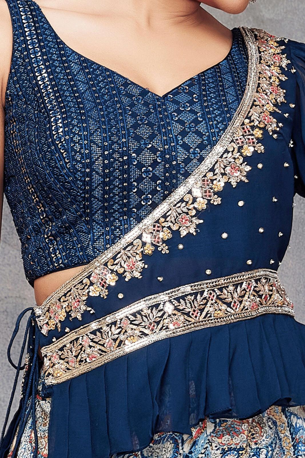 Blue with Multicolor Digital Print, Mirror and Zardozi work Indo Western Style Crop Top Palazzo Set - Seasons Chennai