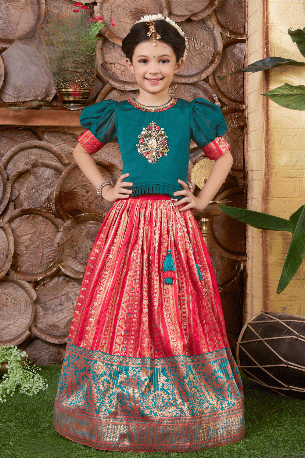 Green with Pink Stone, Mirror, Sequins and Banaras work Lehenga Choli for Girls - Seasons Chennai