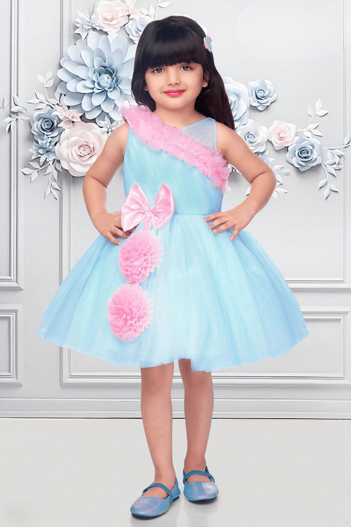 Sky Blue with Pink Netted Short Frock for Girls - Seasons Chennai