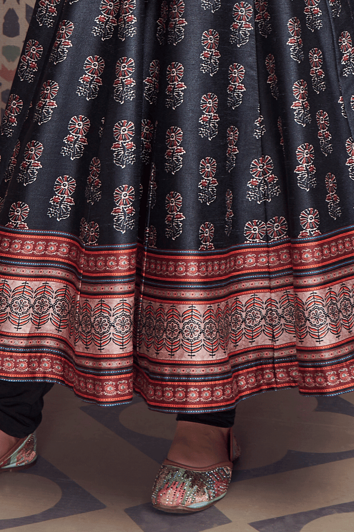 Black Digital Print, Thread and Mirror work Anarkali Style Salwar Suit for Girls - Seasons Chennai