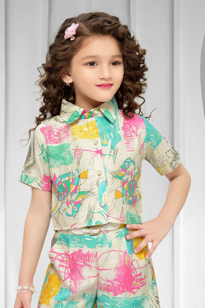 Cream with Multicolor Printed Top and Shorts For Girls