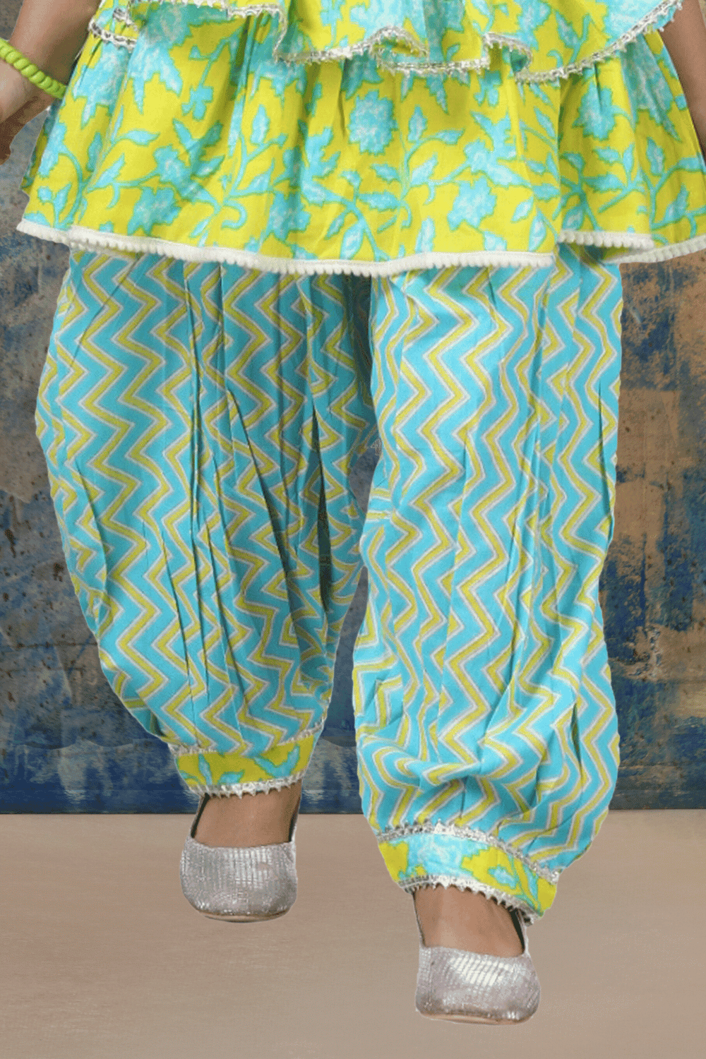 Lemon Yellow with Blue Printed Peplum Style Palazzo Suit Set for Girls - Seasons Chennai