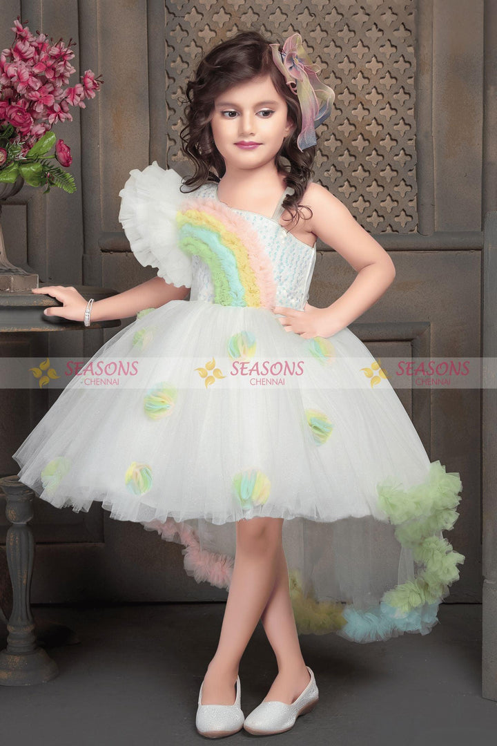 White Glitter and Sequins work Netted Short Frock for Girls - Seasons Chennai