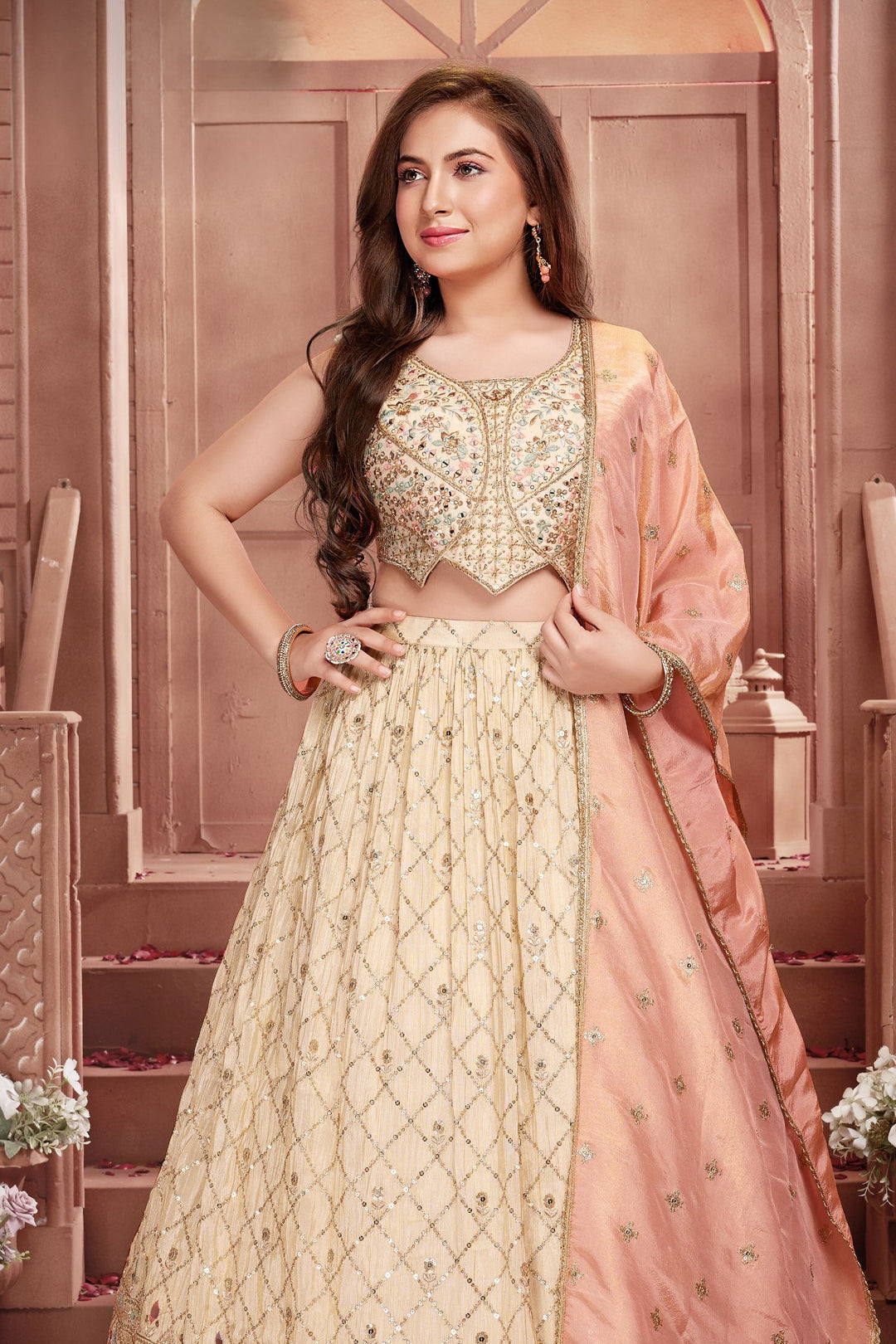 Beige Zari, Beads, Sequins and Multicolor Thread work Lehenga Choli fo