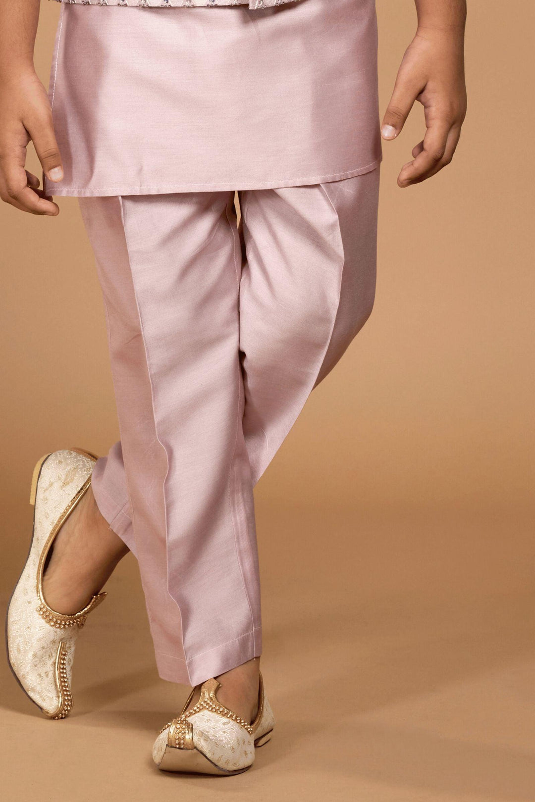 Light Pink Sequins and Thread work Waist Coat Kurta Set for Boys - Seasons Chennai