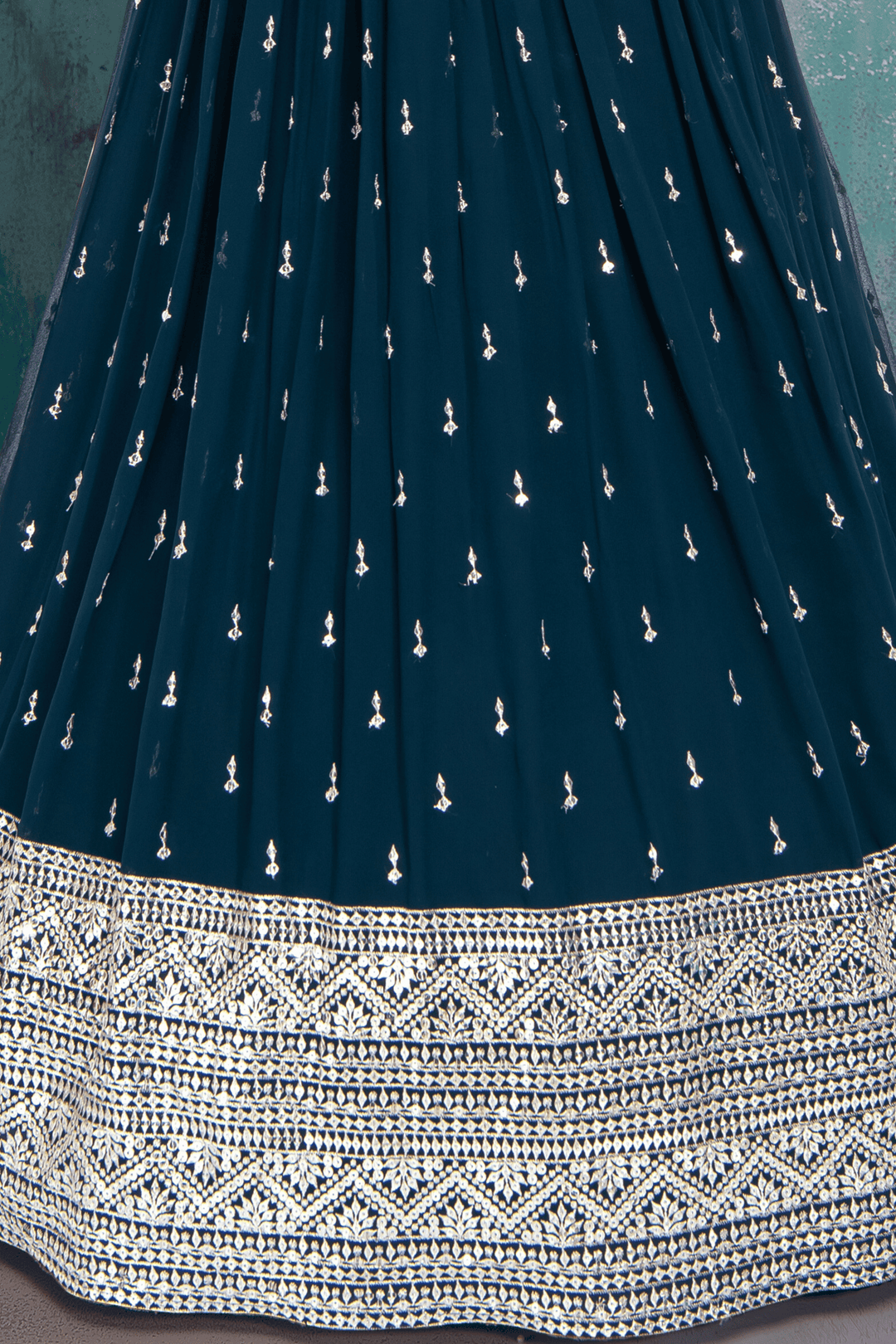 Peacock Blue Sequins, Silver Zari, Stone and Mirror work Jacket Styled Lehenga Choli for Girls - Seasons Chennai