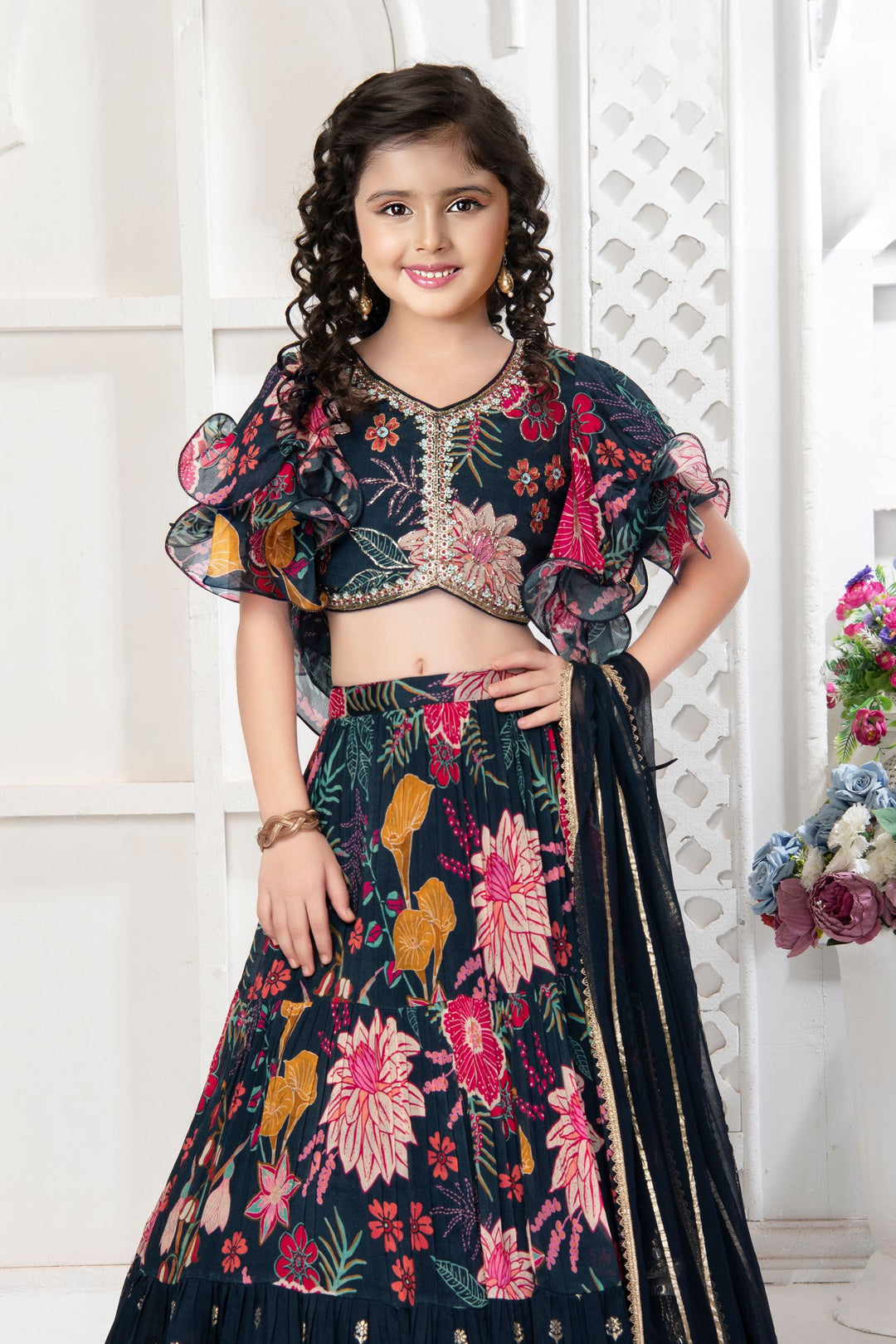 Navy Blue Beads and Sequins work with Floral Print Lehenga Choli for Girls