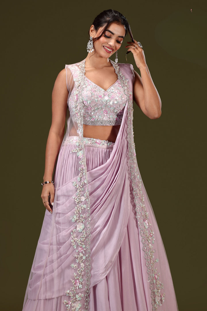 Lilac Sequins, Stone and Pearl work Indo-Western Styled Crop Top Lehenga  with Overcoat