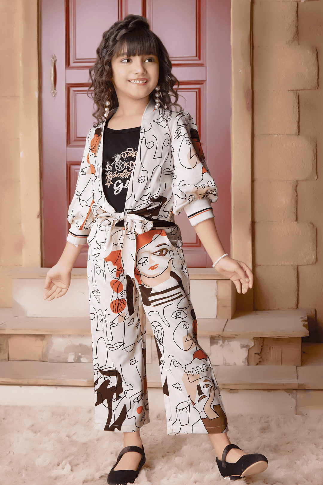 Cream with Multicolor Print Overcoat Styled Palazzo Set for Girls - Seasons Chennai