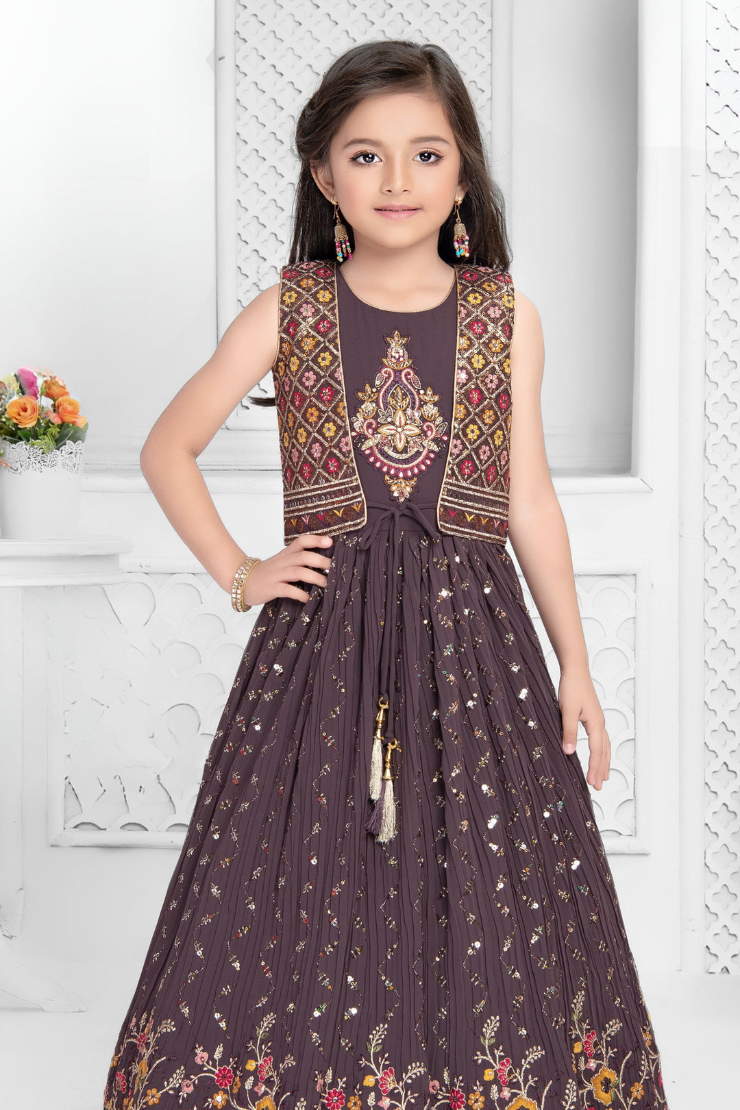 Lilac Multicolor Embroidery, Sequins and Zari work Jacket Styled Long Party Gown for Girls