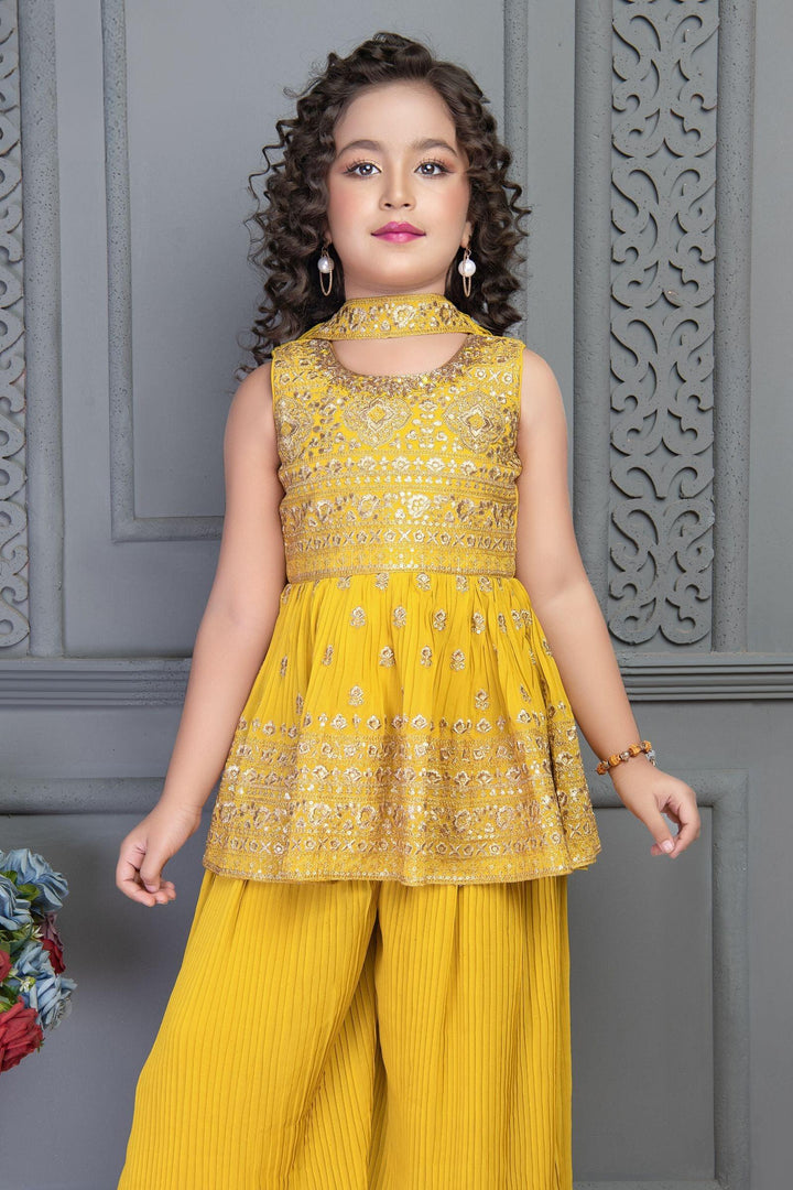 Yellow Sequins and Zari work Peplum Top and Palazzo Set for Girls - Seasons Chennai