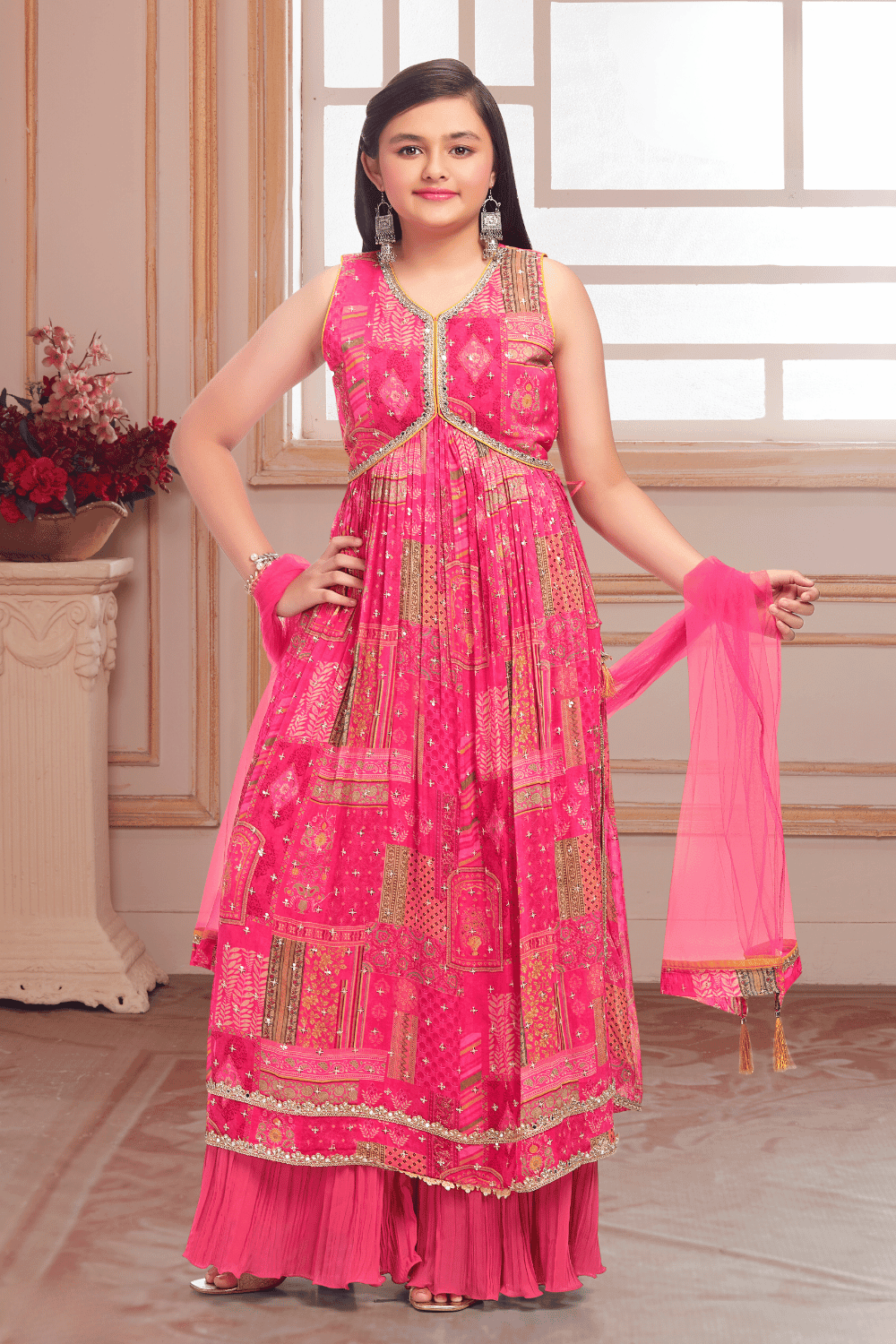 Pink Sequins and Thread work with Digital Print Palazzo Suit Set for Girls - Seasons Chennai
