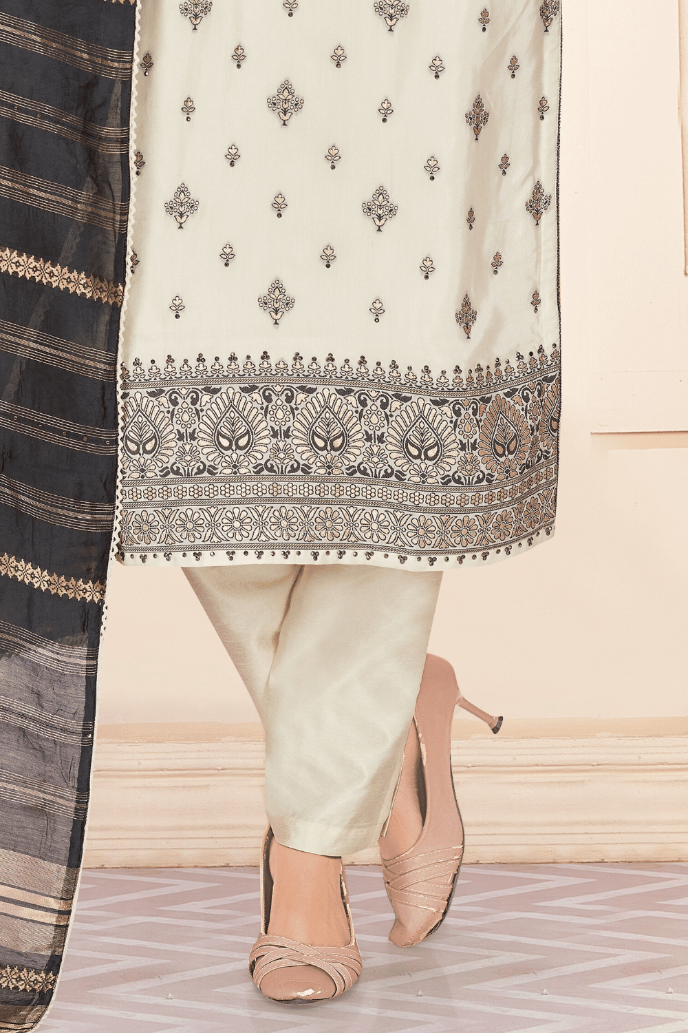 Cream Sequins and Banaras work Straight Cut Salwar Suit - Seasons Chennai