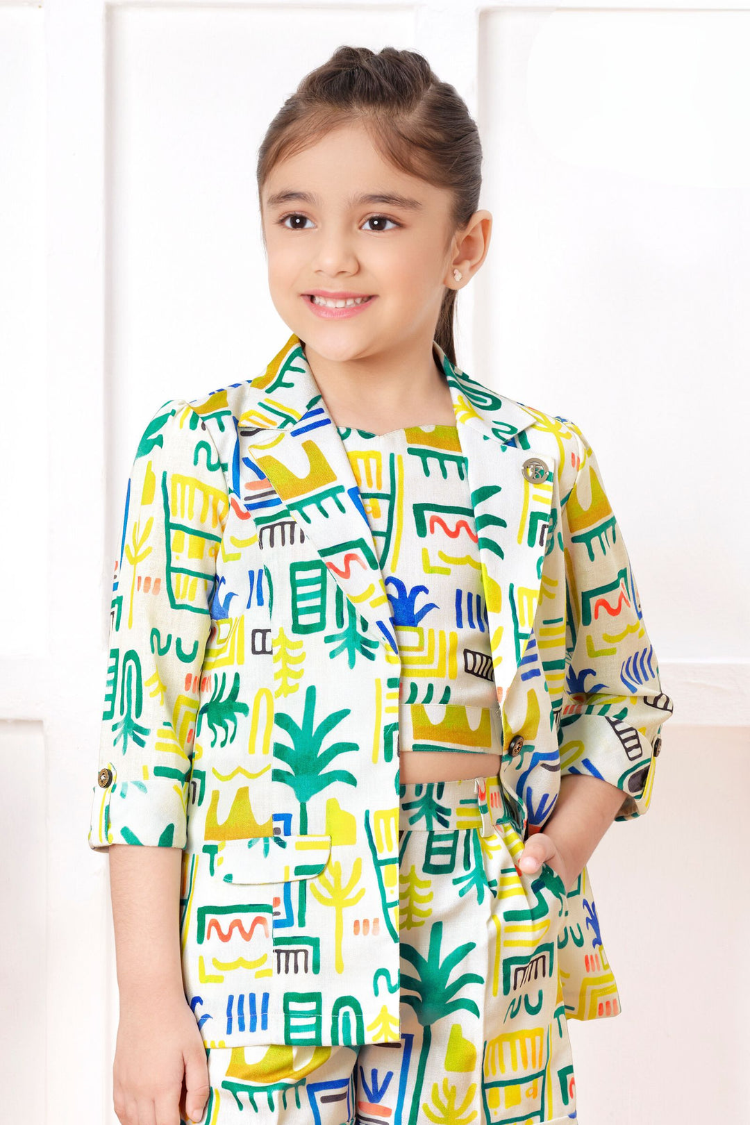 Neon Yellow with Multicolor Digital Print Overcoat Styled with Shorts Co-ord Set for Girls