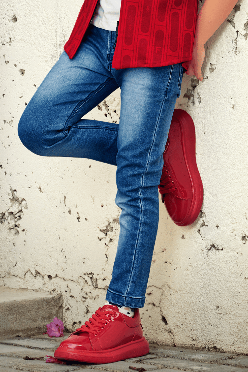 Red and White with Denim Blue Waist Coat and Set for Boys with Belt - Seasons Chennai