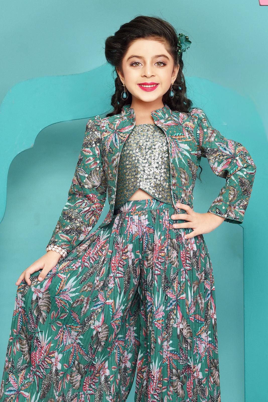Green Sequins and Thread work with Digital Print Overcoat Styled Palazzo Suit Set For Girls - Seasons Chennai