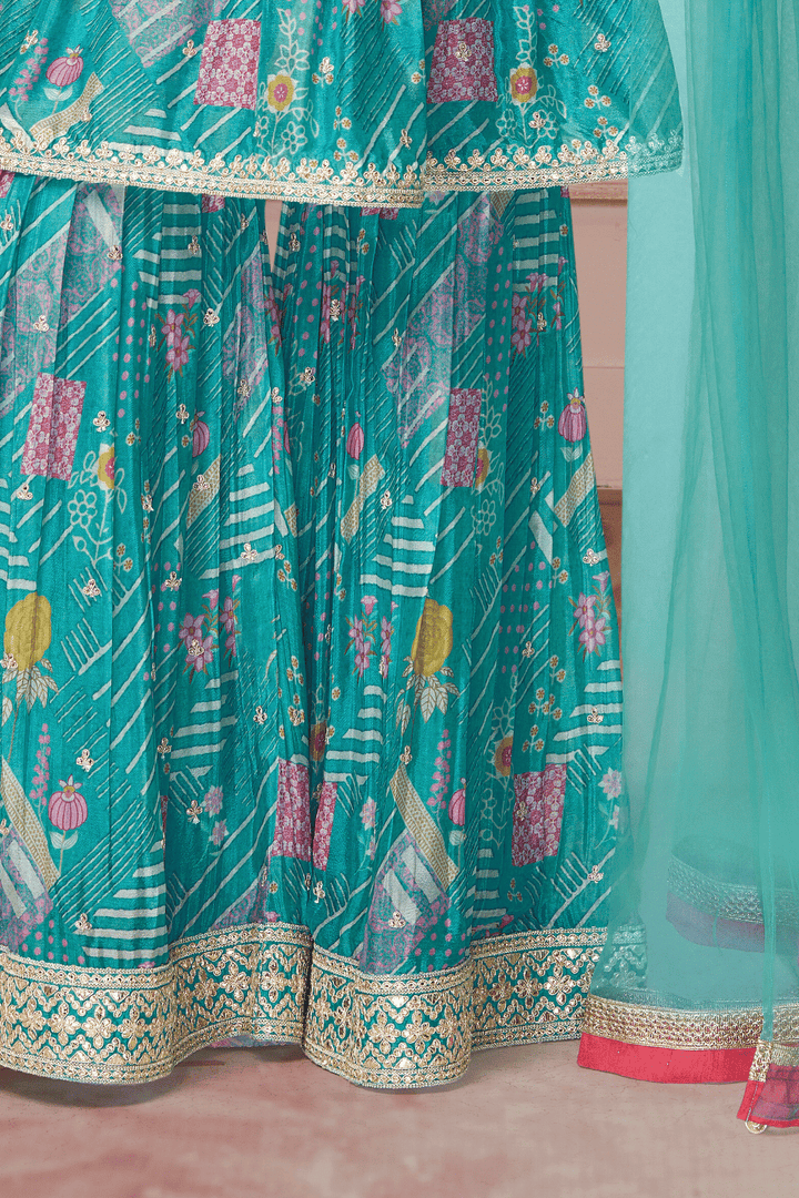 Blue Digital Print, Sequins and Zari work Peplum Top and Sharara Set for Girls - Seasons Chennai