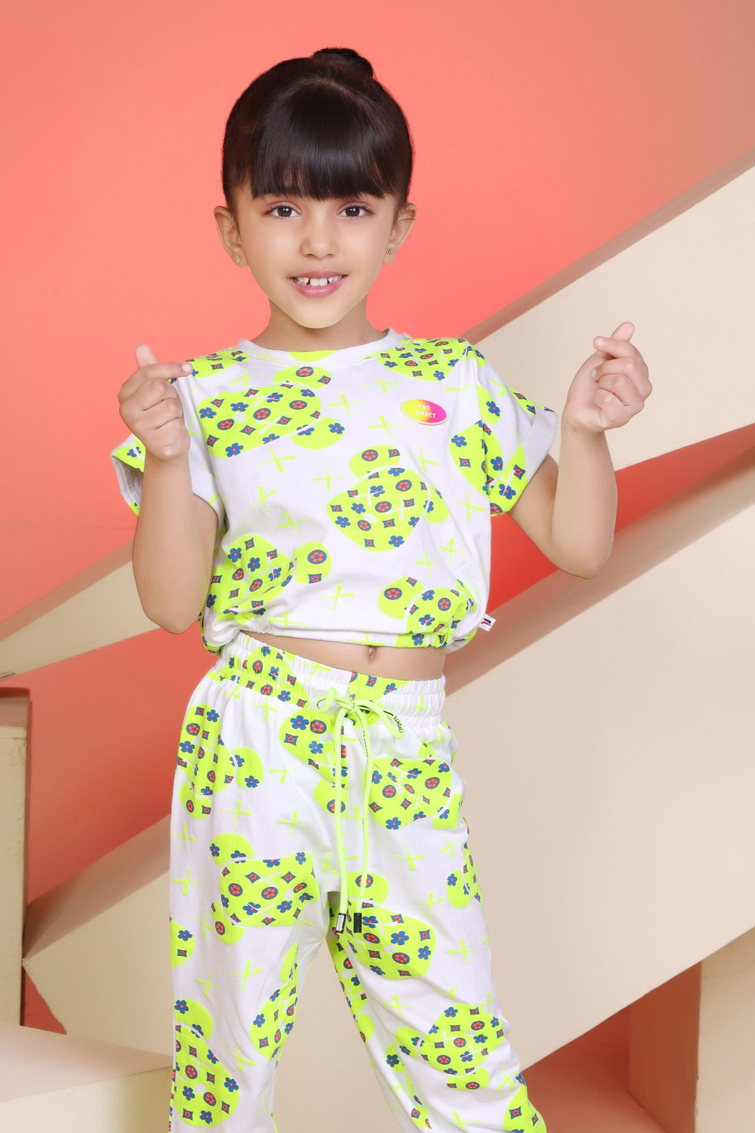 White with Green Printed Kaftan Styled Top and Pant Set for Girls