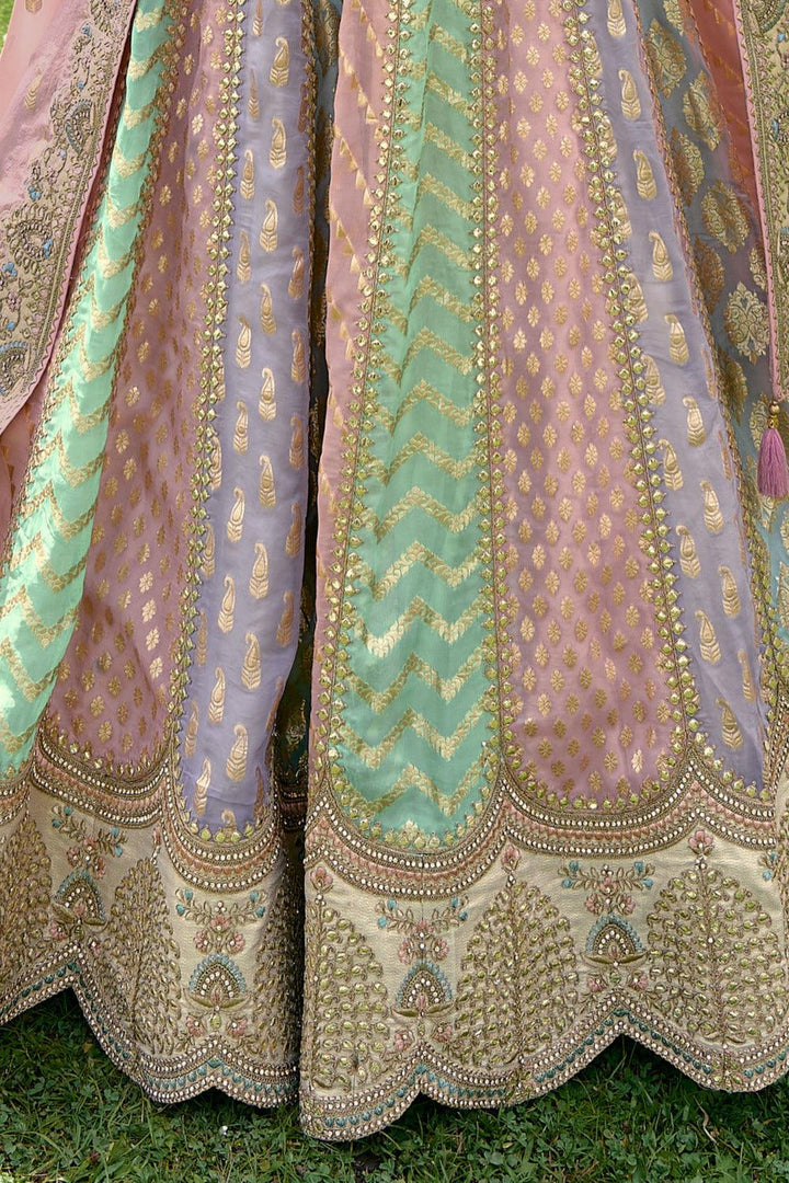 Beige with Multicolor Banaras, Embroidery and Stone work Semi Stitched Bridal Lehenga - Seasons Chennai